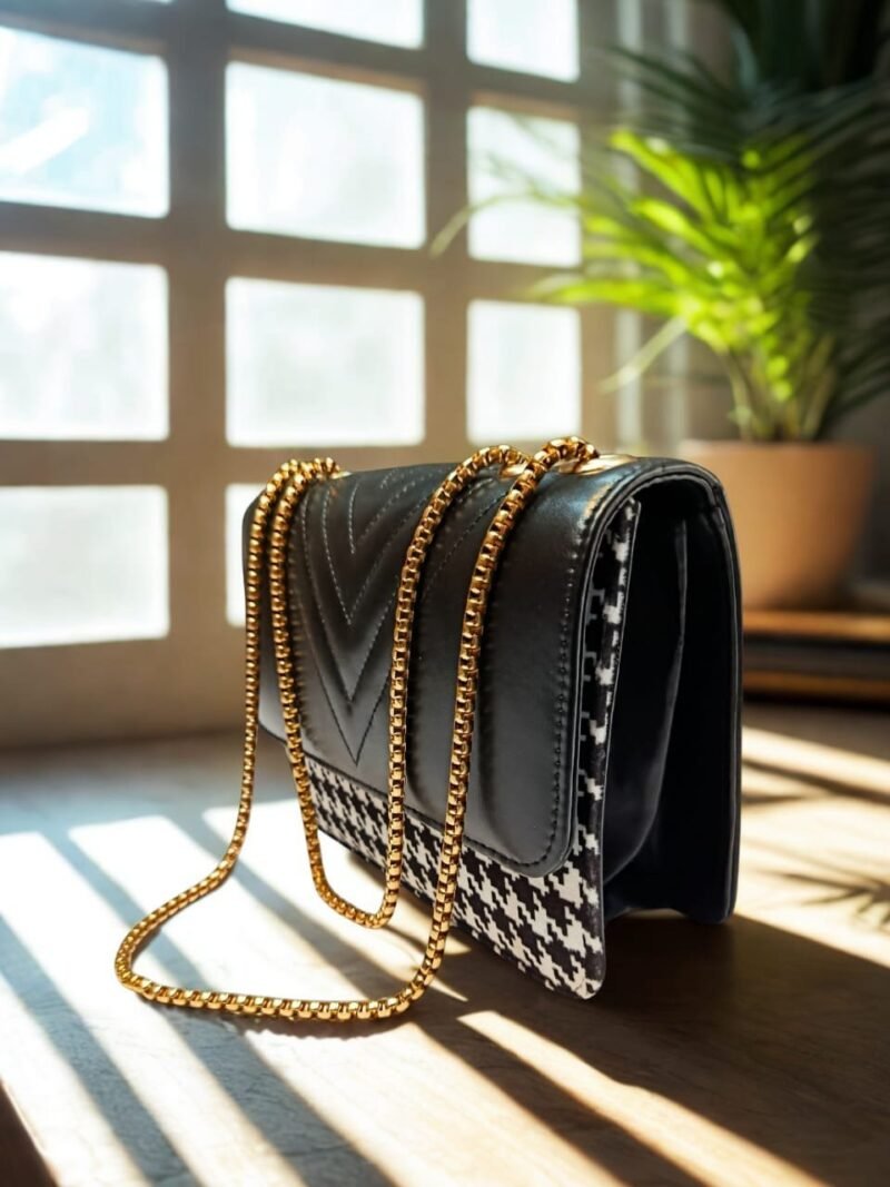 Chic Black Houndstooth Crossbody Bag with Gold Chain Strap for Women