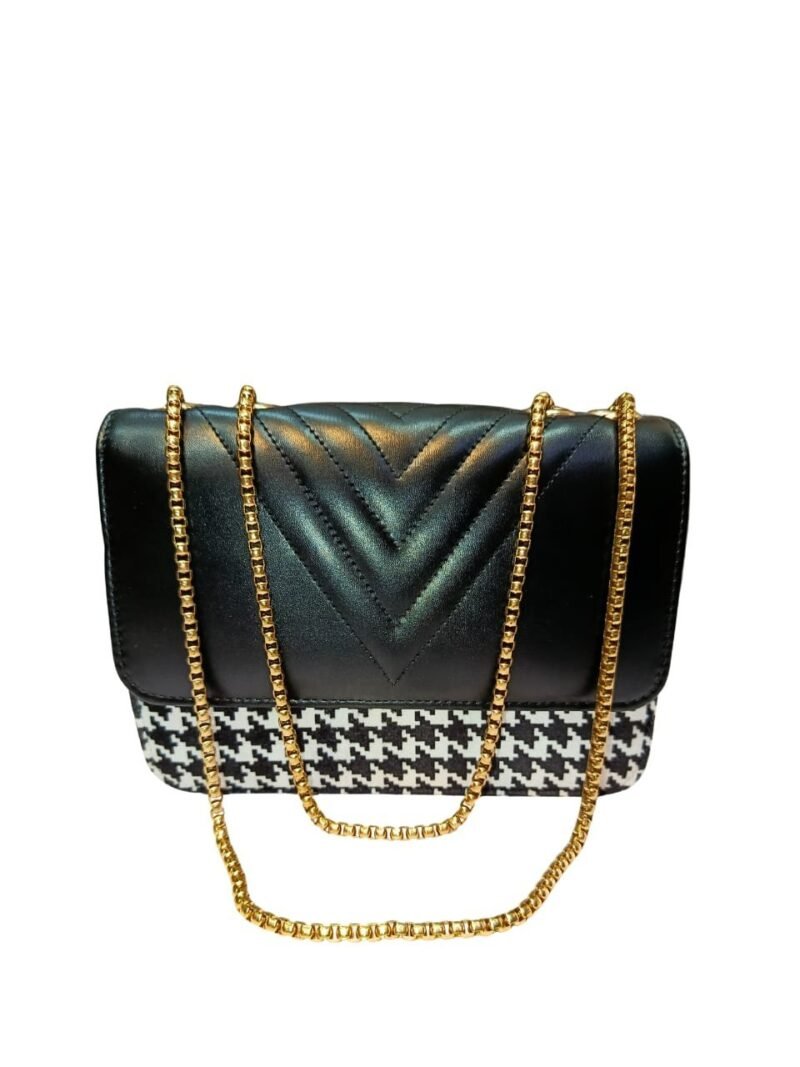 Chic Black Houndstooth Crossbody Bag with Gold Chain Strap for Women