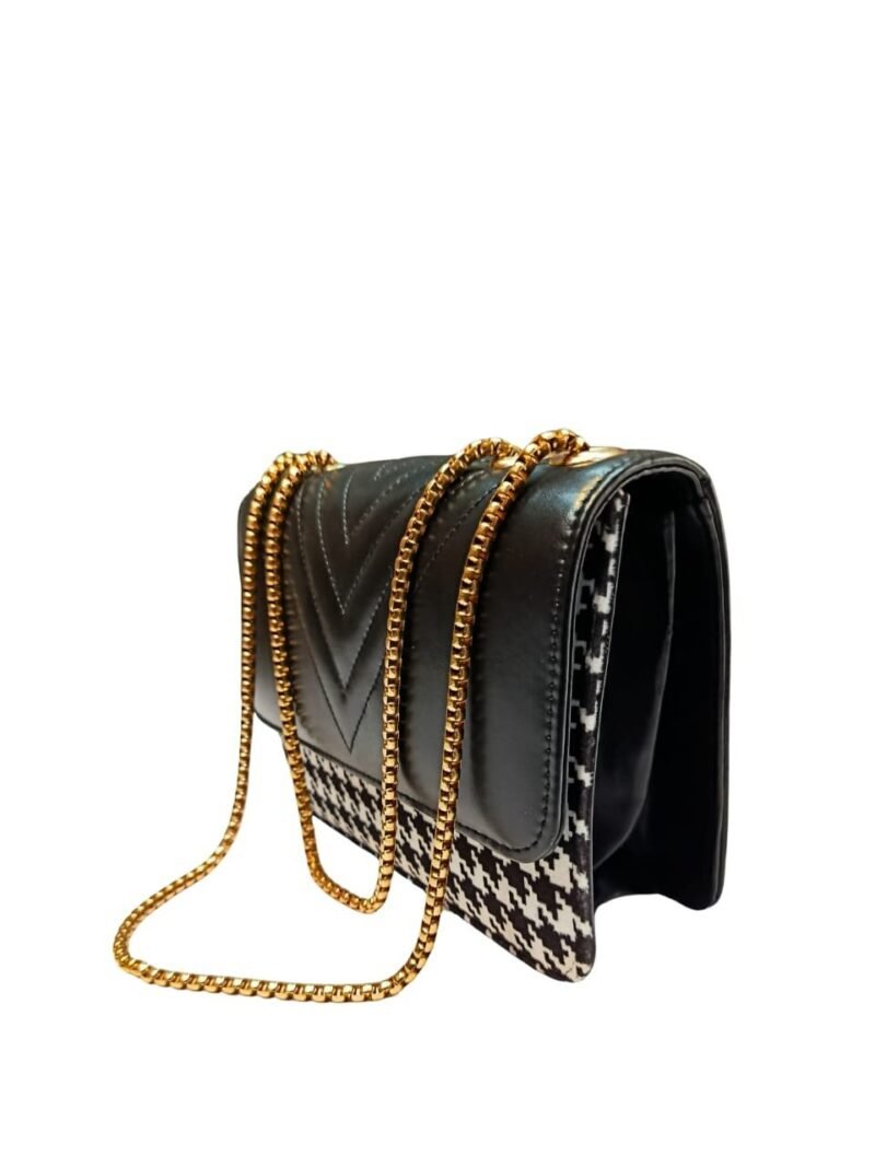 Chic Black Houndstooth Crossbody Bag with Gold Chain Strap for Women
