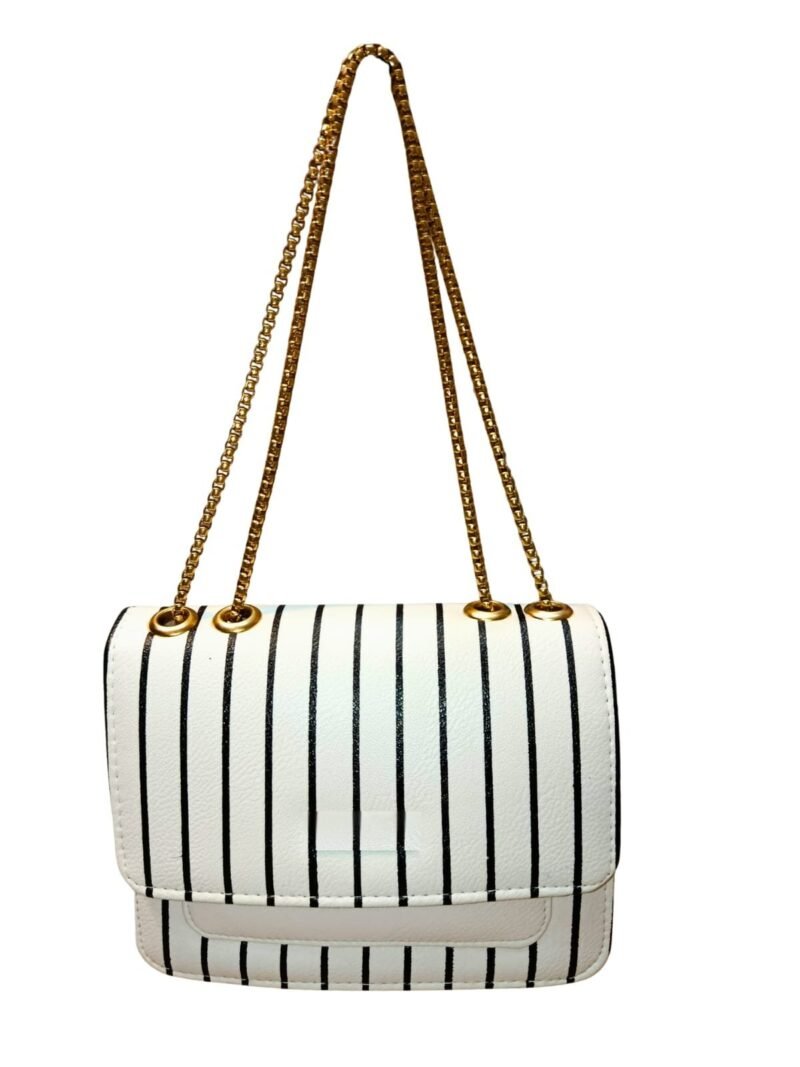 Elegant White & Black Striped Shoulder Bag with Golden Chain Strap