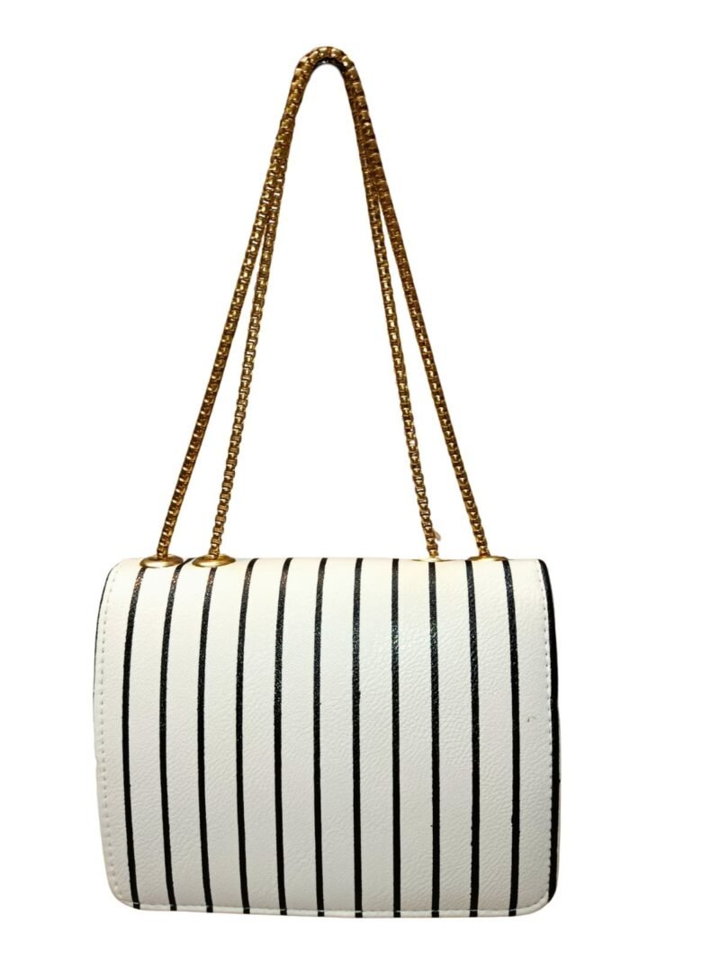 Elegant White & Black Striped Shoulder Bag with Golden Chain Strap