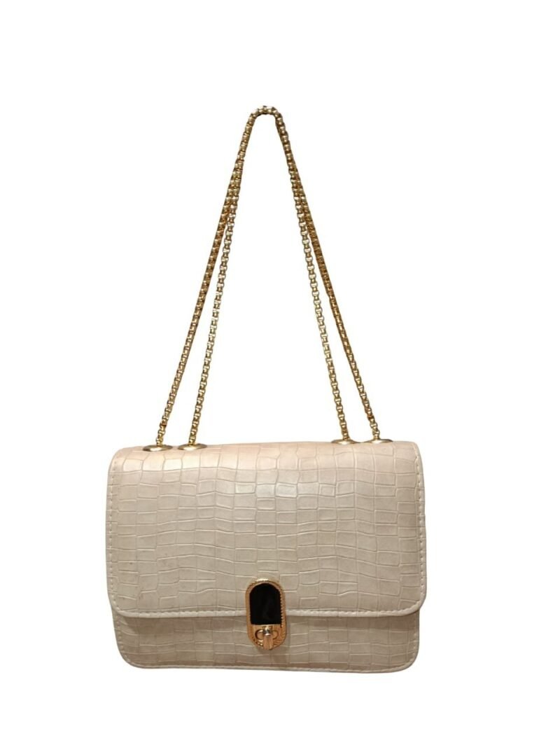 Chic Croc-Textured Beige Shoulder Bag with Golden Chain Strap