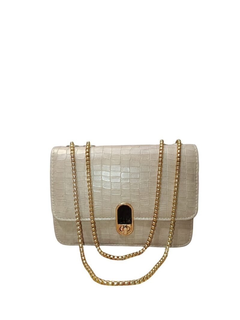 Chic Croc-Textured Beige Shoulder Bag with Golden Chain Strap