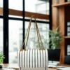 Elegant White & Black Striped Shoulder Bag with Golden Chain Strap