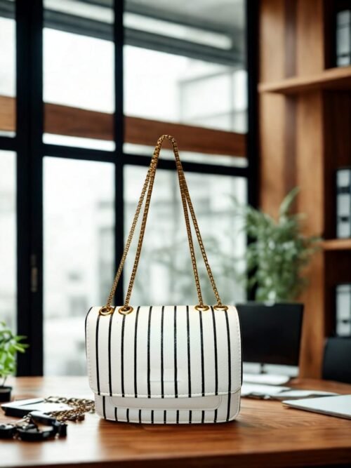 Elegant White & Black Striped Shoulder Bag with Golden Chain Strap