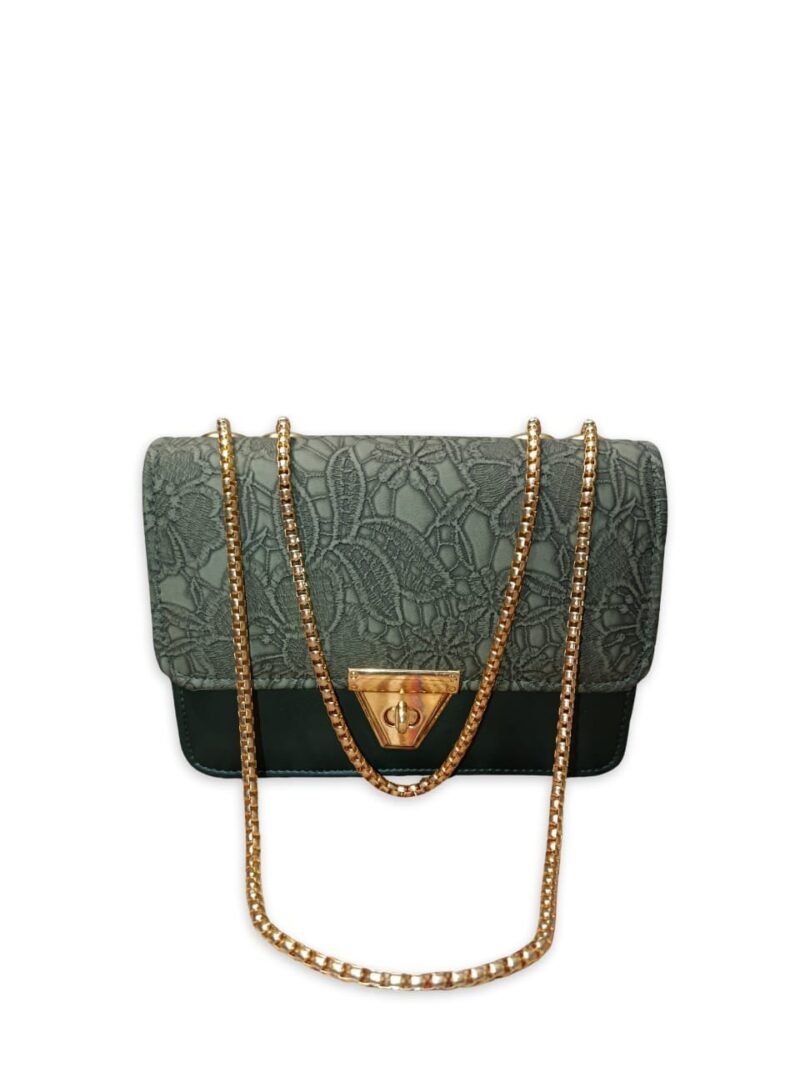 Elegant Green Lace-Textured Shoulder Bag with Golden Chain