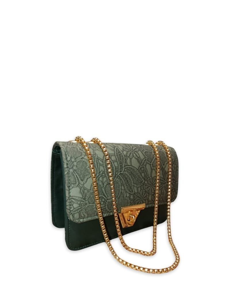 Elegant Green Lace-Textured Shoulder Bag with Golden Chain
