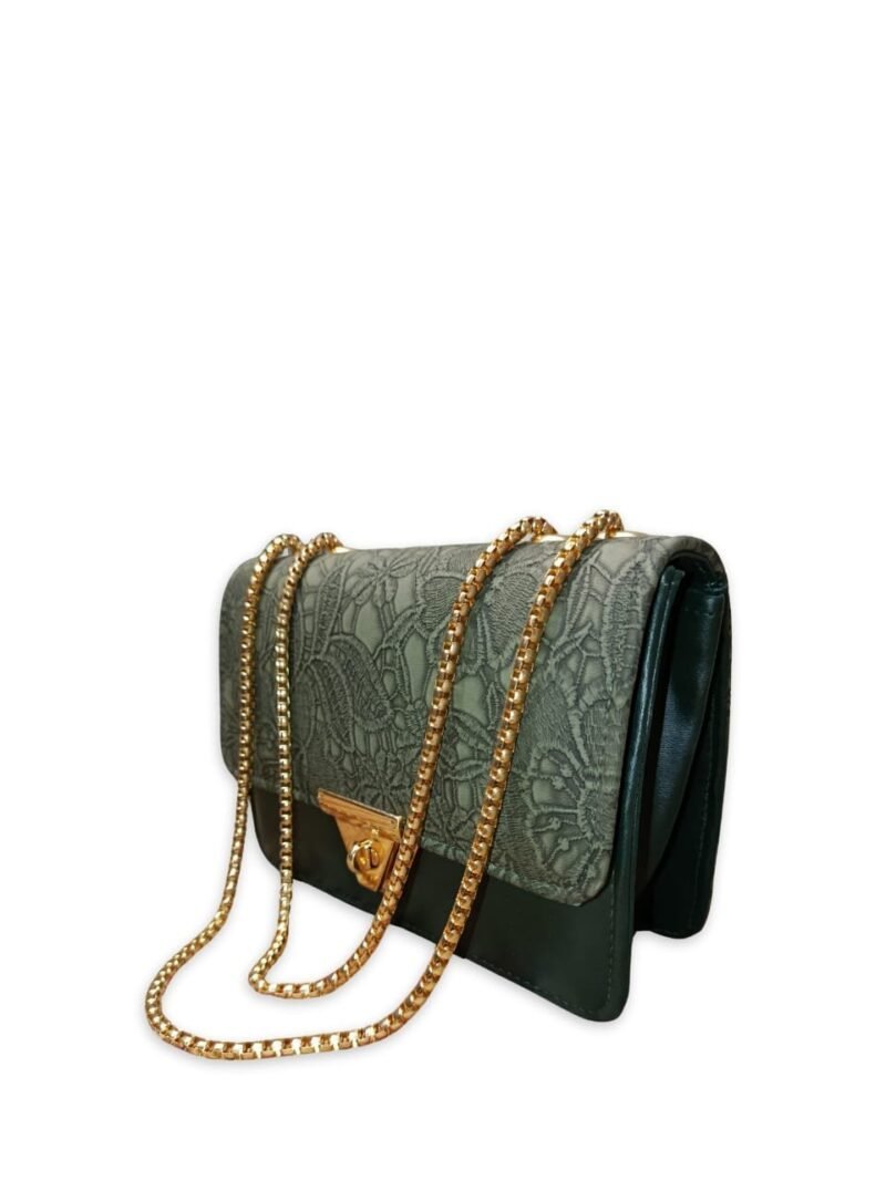 Elegant Green Lace-Textured Shoulder Bag with Golden Chain