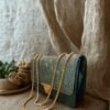 Elegant Green Lace-Textured Shoulder Bag with Golden Chain
