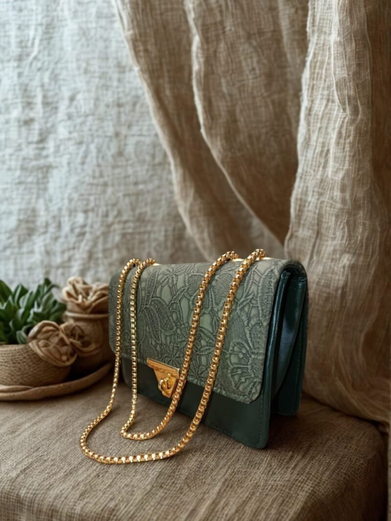 Elegant Green Lace-Textured Shoulder Bag with Golden Chain