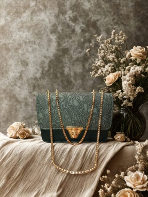 Elegant Green Lace-Textured Shoulder Bag with Golden Chain