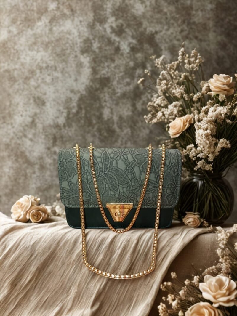 Elegant Green Lace-Textured Shoulder Bag with Golden Chain