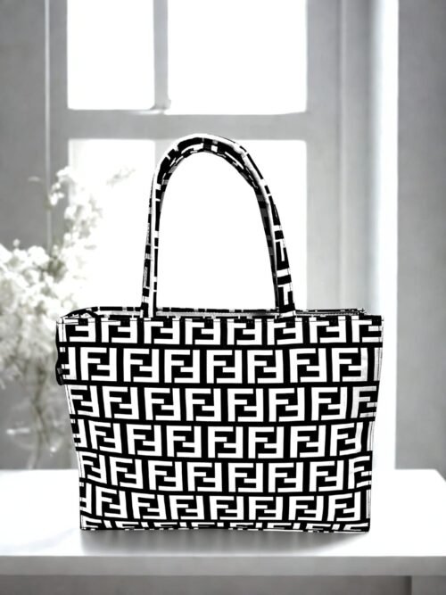 Black & White Monogram Print Tote Bag – Stylish Spacious Shoulder Bag for Daily Use